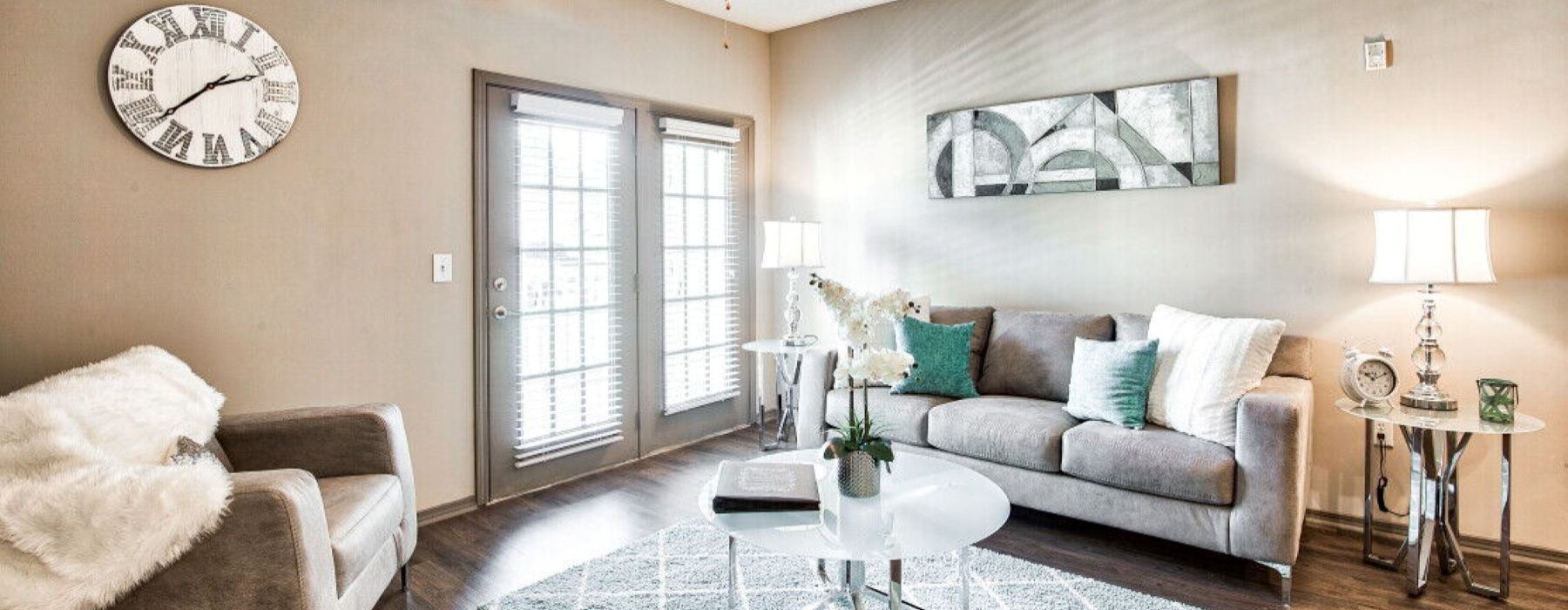 a living room with a couch and a table