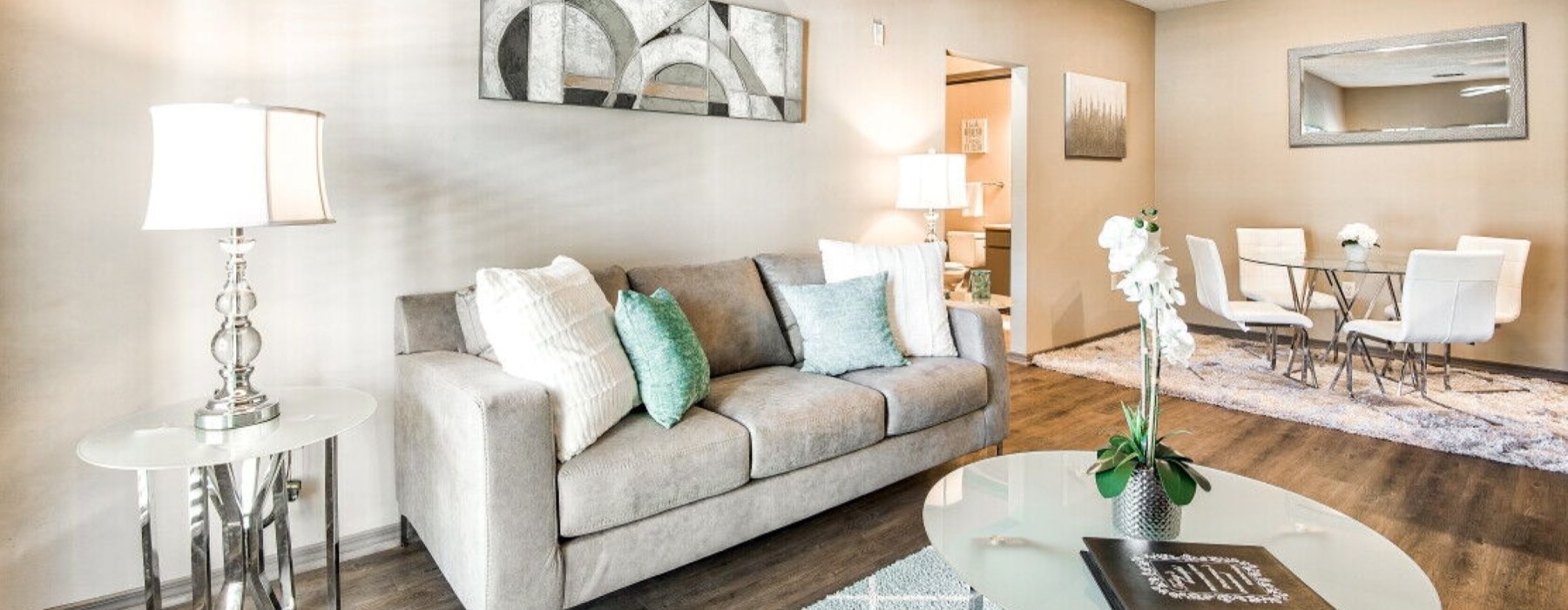 a living room with a couch and a coffee table